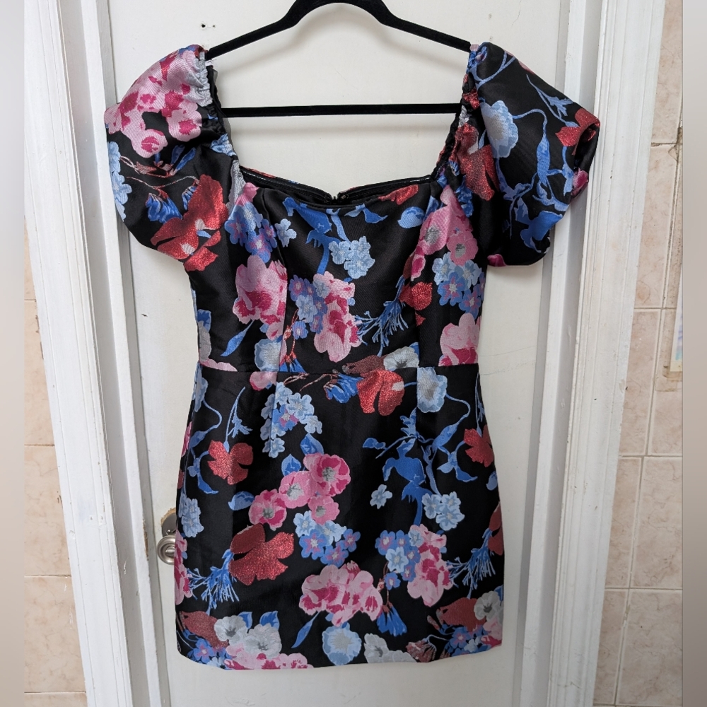 Lulus Floral Print Jacquard Mini Dress L Cocktail Party Metallic Puff Sleeve